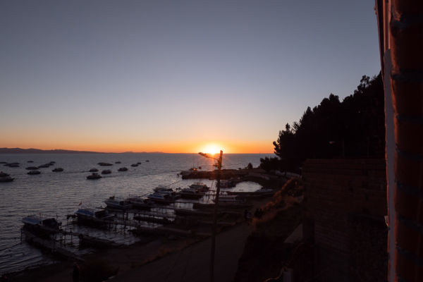 Sonnenuntergang Copacabana Titicacasee vom Hotel Lago Azul Sonnenuntergang Copacabana Bolivien Titicacasee
